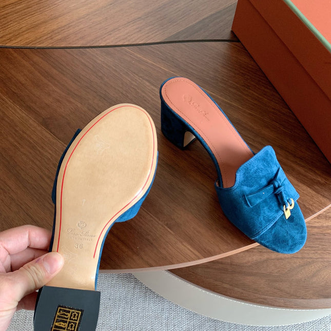 LP 26S SUMMER MULE HEELS 60MM IN DARK BLUE SUEDE GOLD HARDWARE
