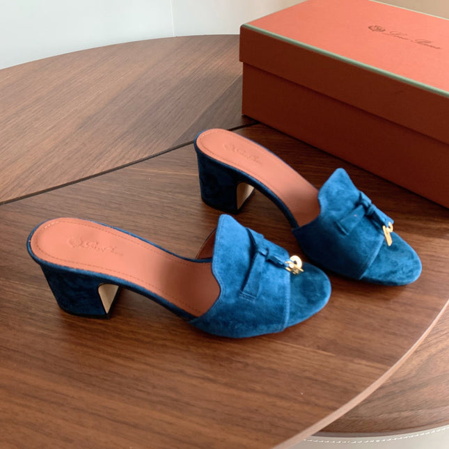 LP 26S SUMMER MULE HEELS 60MM IN DARK BLUE SUEDE GOLD HARDWARE