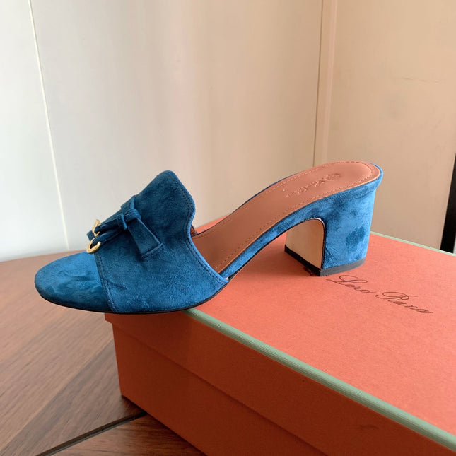 LP 26S SUMMER MULE HEELS 60MM IN DARK BLUE SUEDE GOLD HARDWARE