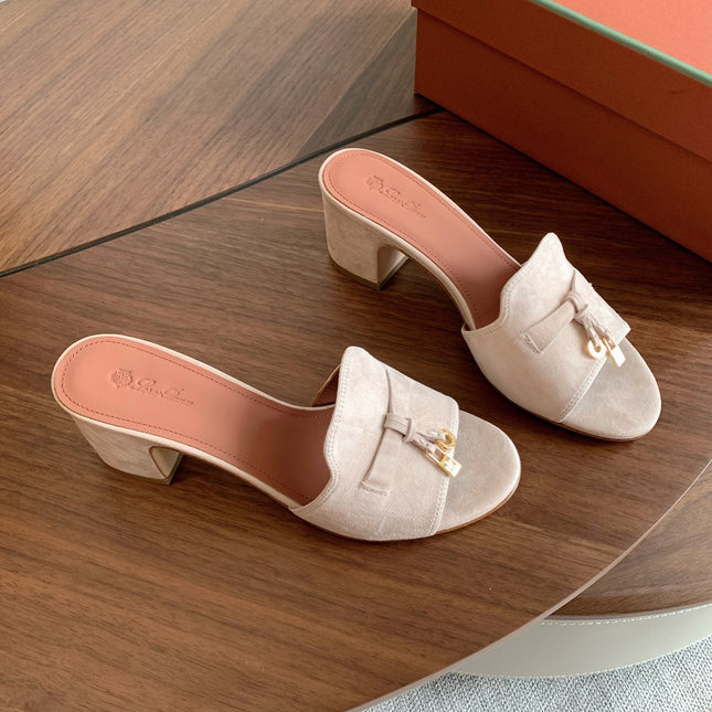 LP 26S SUMMER MULE HEELS 60MM IN LIGHT BEIGE SUEDE GOLD HARDWARE