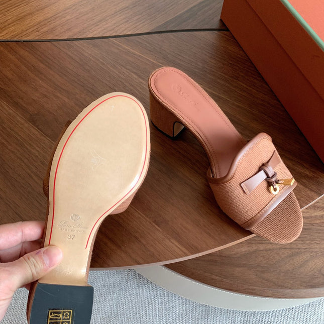 LP 26S SUMMER MULE HEELS 60MM IN DUSTY ROSE BROWN CANVAS AND CALFSKIN GOLD HARDWARE
