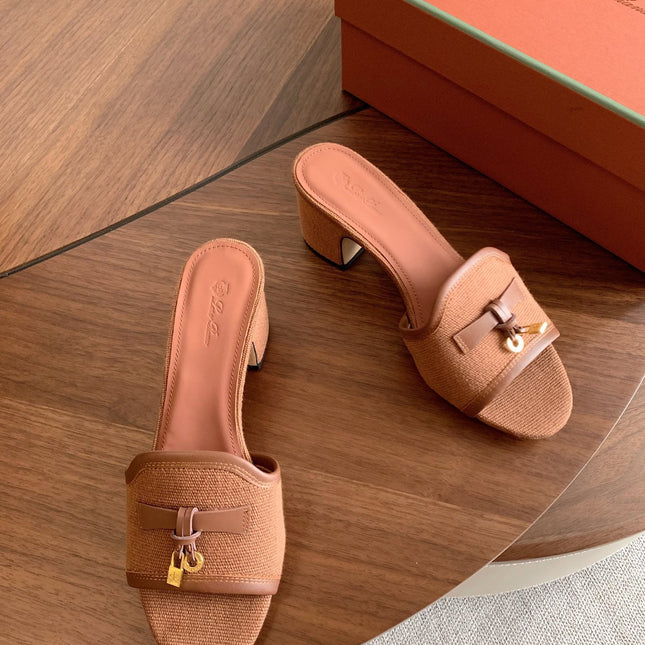 LP 26S SUMMER MULE HEELS 60MM IN DUSTY ROSE BROWN CANVAS AND CALFSKIN GOLD HARDWARE