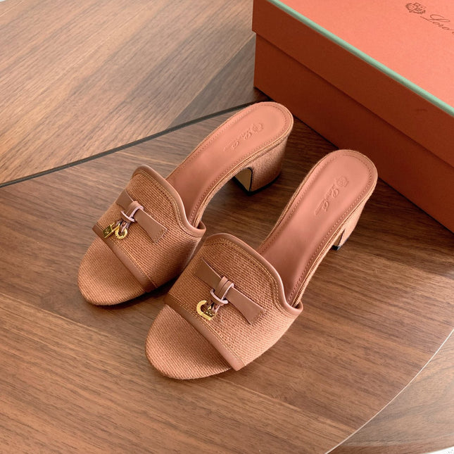 LP 26S SUMMER MULE HEELS 60MM IN DUSTY ROSE BROWN CANVAS AND CALFSKIN GOLD HARDWARE