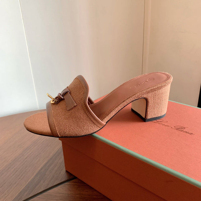 LP 26S SUMMER MULE HEELS 60MM IN DUSTY ROSE BROWN CANVAS AND CALFSKIN GOLD HARDWARE