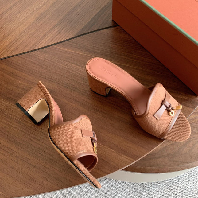 LP 26S SUMMER MULE HEELS 60MM IN DUSTY ROSE BROWN CANVAS AND CALFSKIN GOLD HARDWARE