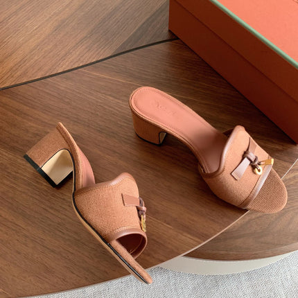 LP 26S SUMMER MULE HEELS 60MM IN DUSTY ROSE BROWN CANVAS AND CALFSKIN GOLD HARDWARE