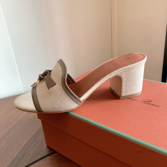 LP 26S SUMMER MULE HEELS 60MM IN BEIGE CANVAS AND TAUPE BROWN CALFSKIN GOLD HARDWARE
