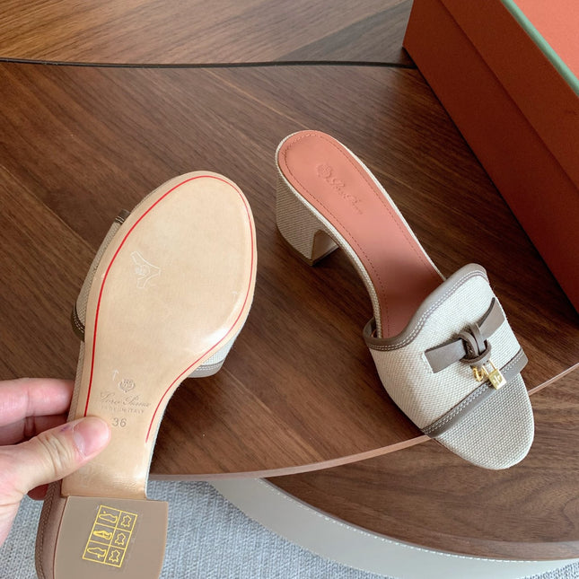 LP 26S SUMMER MULE HEELS 60MM IN BEIGE CANVAS AND TAUPE BROWN CALFSKIN GOLD HARDWARE