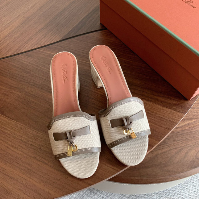 LP 26S SUMMER MULE HEELS 60MM IN BEIGE CANVAS AND TAUPE BROWN CALFSKIN GOLD HARDWARE