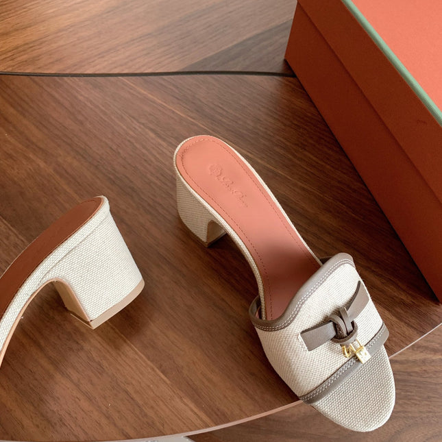 LP 26S SUMMER MULE HEELS 60MM IN BEIGE CANVAS AND TAUPE BROWN CALFSKIN GOLD HARDWARE