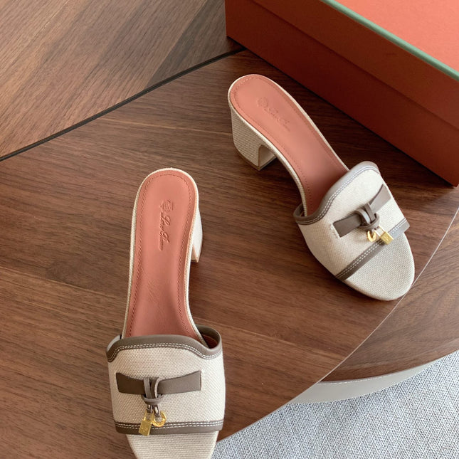 LP 26S SUMMER MULE HEELS 60MM IN BEIGE CANVAS AND TAUPE BROWN CALFSKIN GOLD HARDWARE