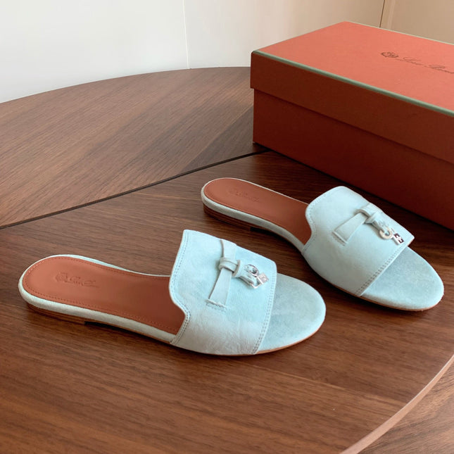 LP 26S SUMMER CHARMS SLIDES IN MINT BLUE SUEDE SILVER HARDWARE
