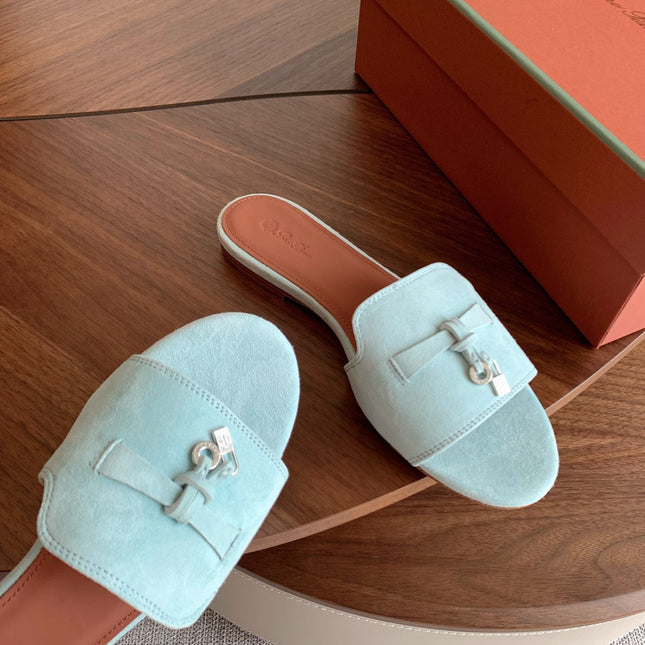 LP 26S SUMMER CHARMS SLIDES IN MINT BLUE SUEDE SILVER HARDWARE