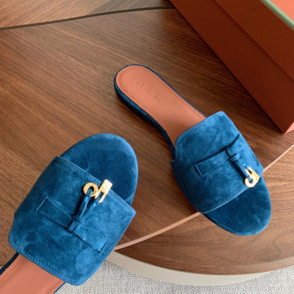 LP 26S SUMMER CHARMS SLIDES IN DARK BLUE SUEDE GOLD HARDWARE