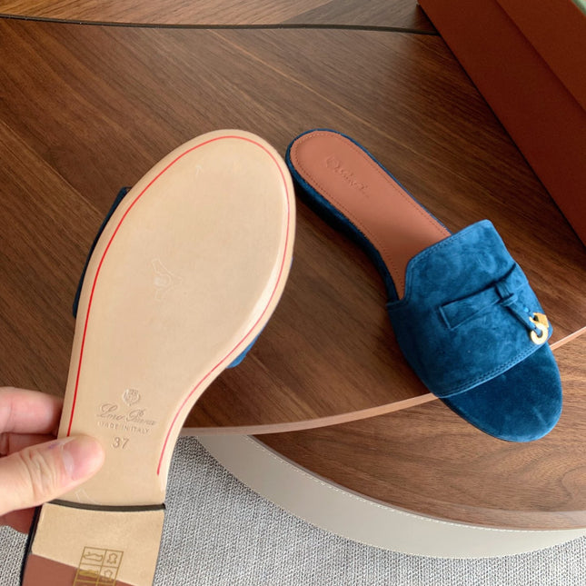 LP 26S SUMMER CHARMS SLIDES IN DARK BLUE SUEDE GOLD HARDWARE