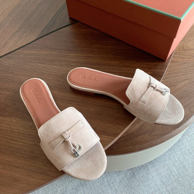 LP 26S SUMMER CHARMS SLIDES IN LIGHT GREY SUEDE GOLD HARDWARE