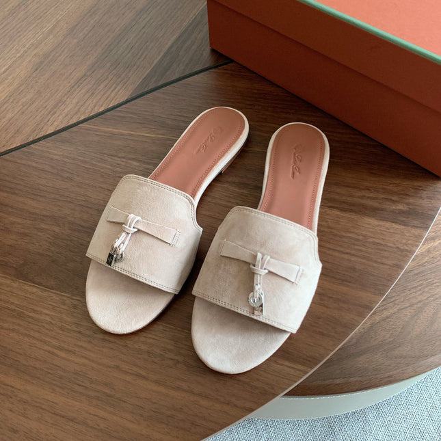 LP 26S SUMMER CHARMS SLIDES IN LIGHT GREY SUEDE GOLD HARDWARE