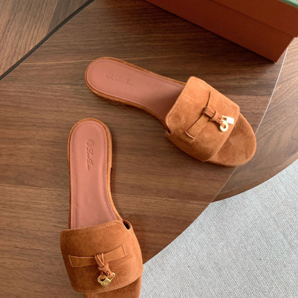 LP 26S SUMMER CHARMS SLIDES IN CARAMEL BROWN SUEDE GOLD HARDWARE