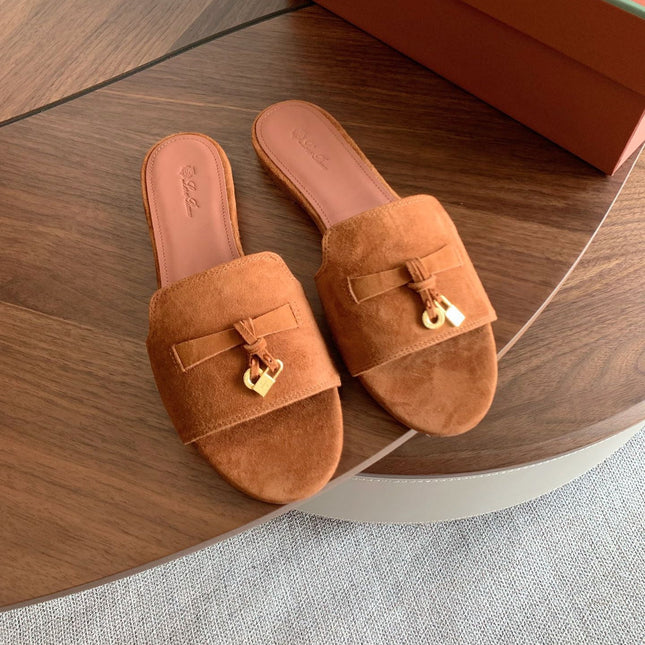 LP 26S SUMMER CHARMS SLIDES IN CARAMEL BROWN SUEDE GOLD HARDWARE