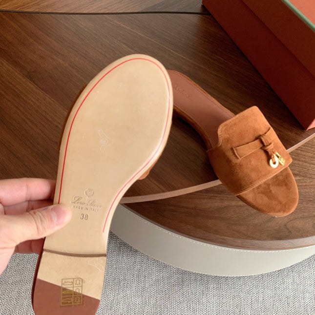 LP 26S SUMMER CHARMS SLIDES IN CARAMEL BROWN SUEDE GOLD HARDWARE