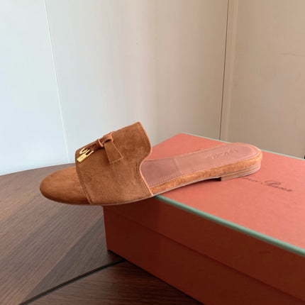 LP 26S SUMMER CHARMS SLIDES IN CARAMEL BROWN SUEDE GOLD HARDWARE