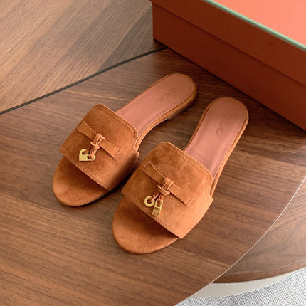 LP 26S SUMMER CHARMS SLIDES IN CARAMEL BROWN SUEDE GOLD HARDWARE