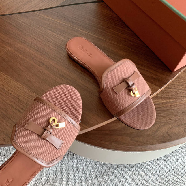 LP 26S SUMMER CHARMS SLIDES IN DUSTY ROSE BROWN CANVAS AND CALFSKIN GOLD HARDWARE