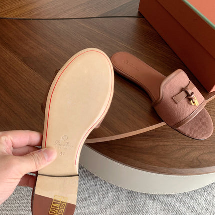 LP 26S SUMMER CHARMS SLIDES IN DUSTY ROSE BROWN CANVAS AND CALFSKIN GOLD HARDWARE