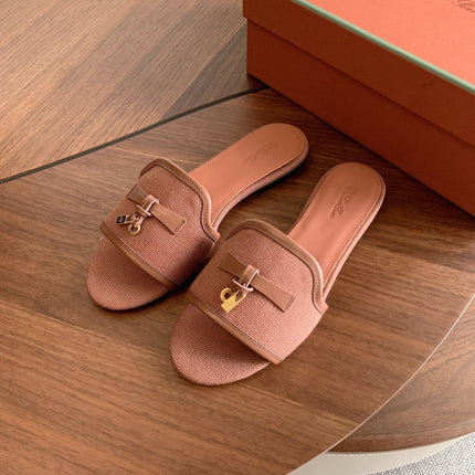 LP 26S SUMMER CHARMS SLIDES IN DUSTY ROSE BROWN CANVAS AND CALFSKIN GOLD HARDWARE