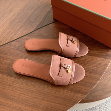 LP 26S SUMMER CHARMS SLIDES IN DUSTY ROSE BROWN CANVAS AND CALFSKIN GOLD HARDWARE
