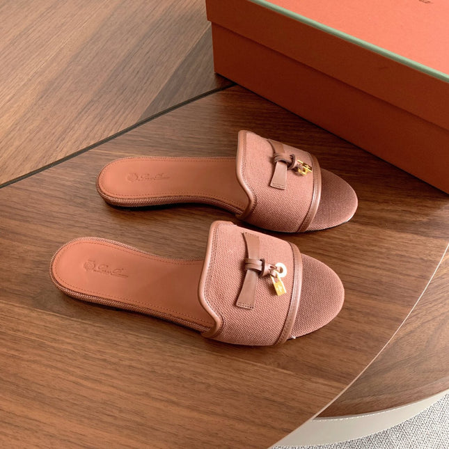 LP 26S SUMMER CHARMS SLIDES IN DUSTY ROSE BROWN CANVAS AND CALFSKIN GOLD HARDWARE