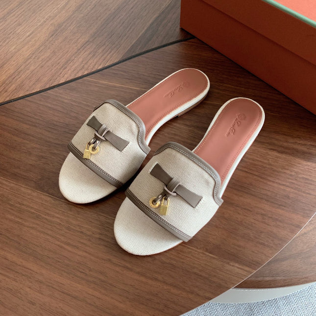 LP 26S SUMMER CHARMS SLIDES IN BEIGE CANVAS AND TAUPE BROWN CALFSKIN GOLD HARDWARE