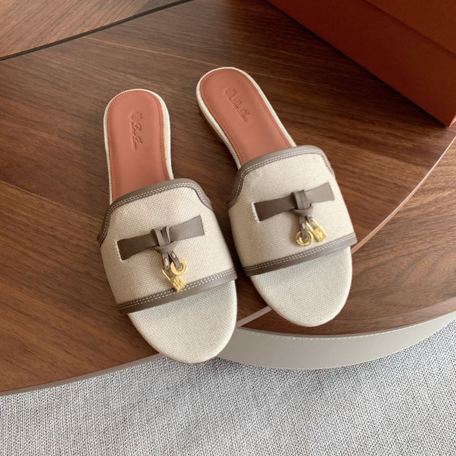 LP 26S SUMMER CHARMS SLIDES IN BEIGE CANVAS AND TAUPE BROWN CALFSKIN GOLD HARDWARE