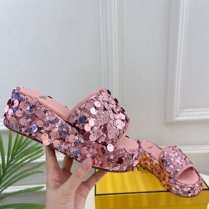 FENDI THICK SOLE 6 CM SEQUIN SLIPPER ROUGH PINK