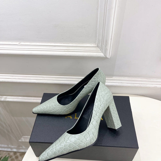 ALAIA 26S HIGH HEELS 95 MM IN SAGE GREEN CROCODILE-EMBOSSED CALFSKIN