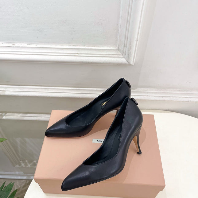 MIUMIU 26S POINTED TOE HIGH HEELS 85MM IN BLACK CALFSKIN