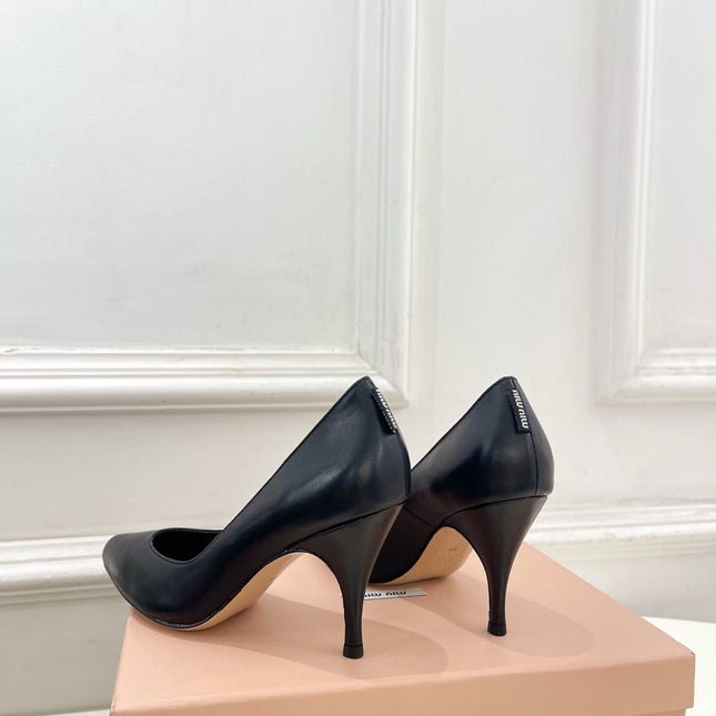 MIUMIU 26S POINTED TOE HIGH HEELS 85MM IN BLACK CALFSKIN
