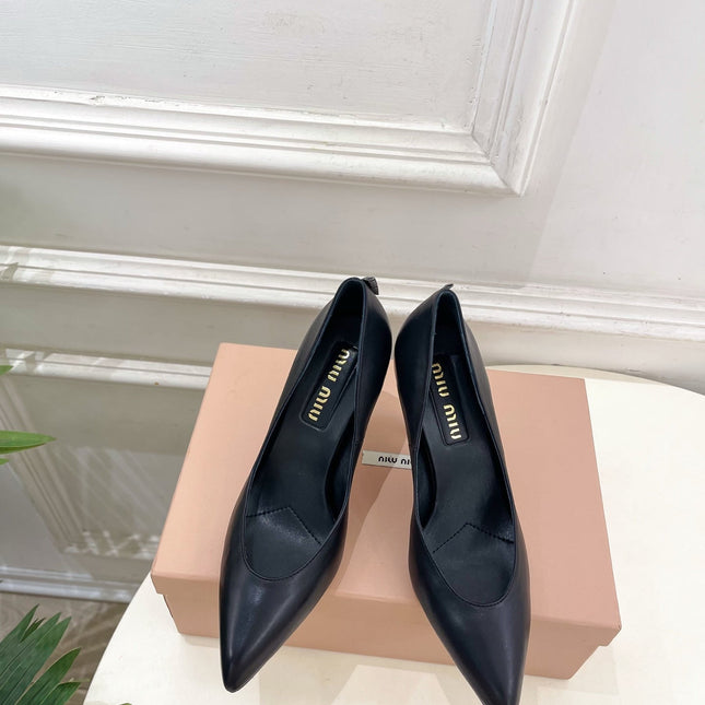 MIUMIU 26S POINTED TOE HIGH HEELS 85MM IN BLACK CALFSKIN