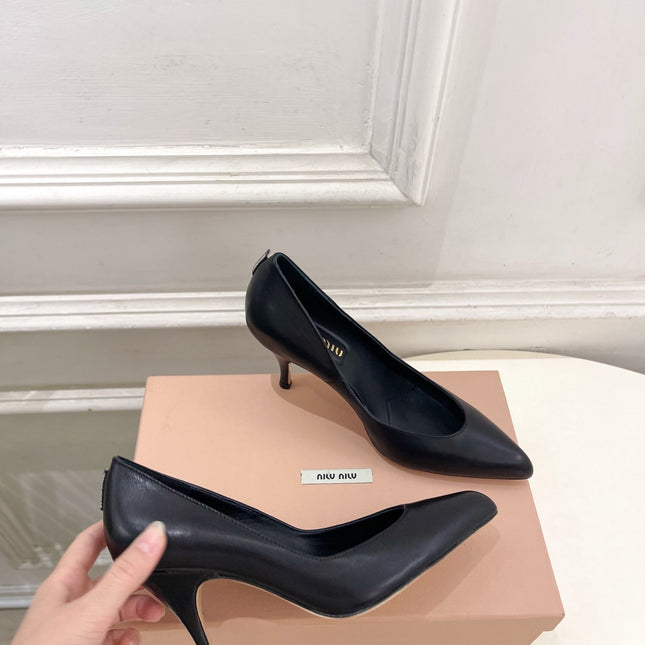 MIUMIU 26S POINTED TOE HIGH HEELS 85MM IN BLACK CALFSKIN