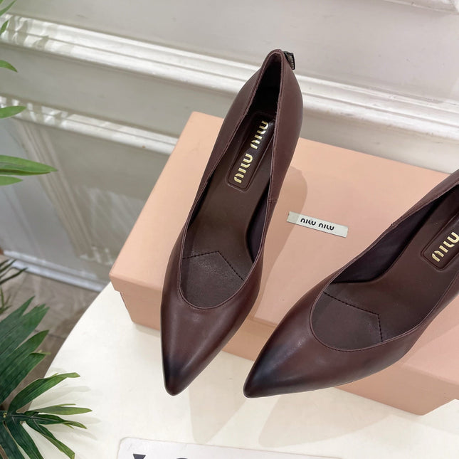 MIUMIU 26S POINTED TOE HIGH HEELS 85MM IN CHOCOLATE BROWN CALFSKIN