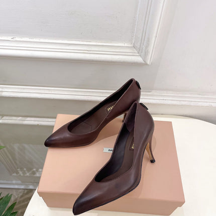 MIUMIU 26S POINTED TOE HIGH HEELS 85MM IN CHOCOLATE BROWN CALFSKIN