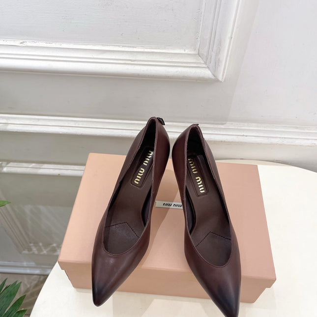 MIUMIU 26S POINTED TOE HIGH HEELS 85MM IN CHOCOLATE BROWN CALFSKIN