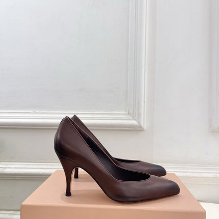 MIUMIU 26S POINTED TOE HIGH HEELS 85MM IN CHOCOLATE BROWN CALFSKIN