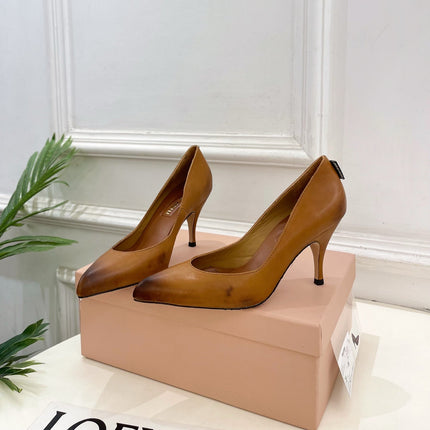 MIUMIU 26S POINTED TOE HIGH HEELS 85MM IN BROWN COGNAC CALFSKIN