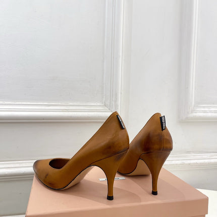 MIUMIU 26S POINTED TOE HIGH HEELS 85MM IN BROWN COGNAC CALFSKIN