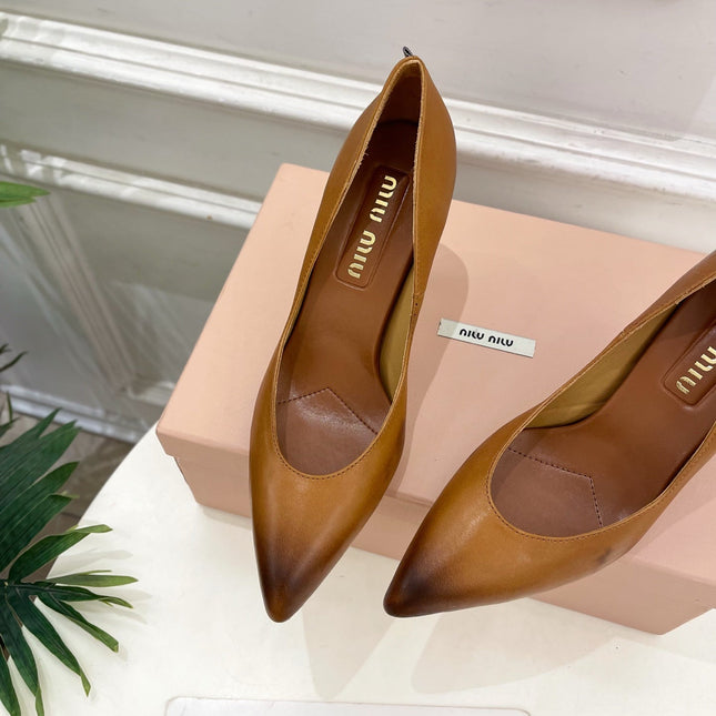MIUMIU 26S POINTED TOE HIGH HEELS 85MM IN BROWN COGNAC CALFSKIN