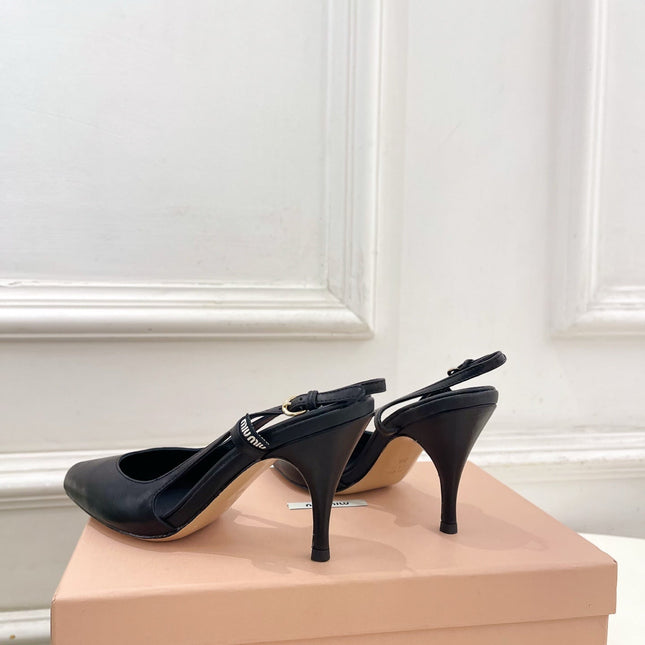 MIUMIU 26S SLINGBACK PUMPS 85MM IN BLACK CALFSKIN