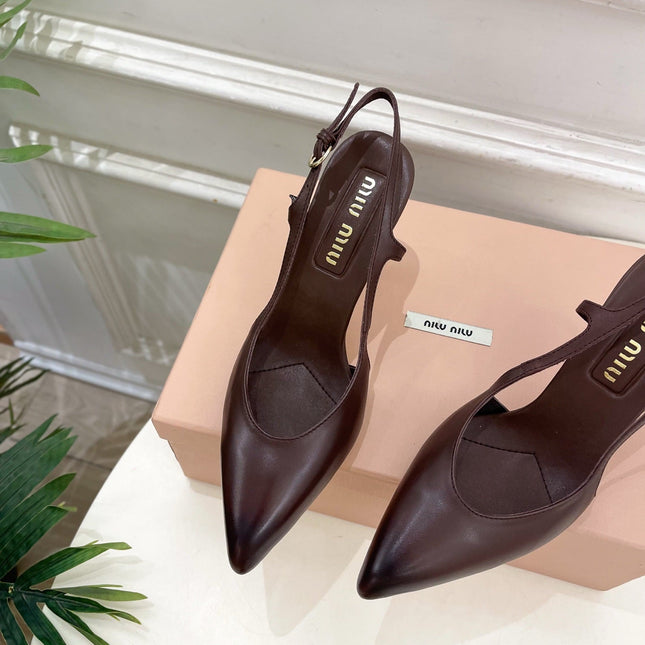 MIUMIU 26S SLINGBACK PUMPS 85MM IN CHOCOLATE BROWN CALFSKIN