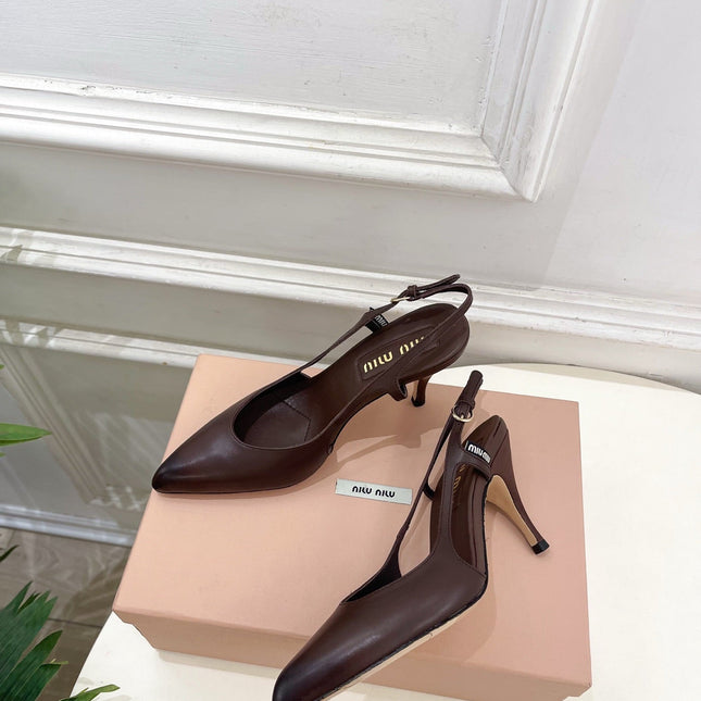 MIUMIU 26S SLINGBACK PUMPS 85MM IN CHOCOLATE BROWN CALFSKIN