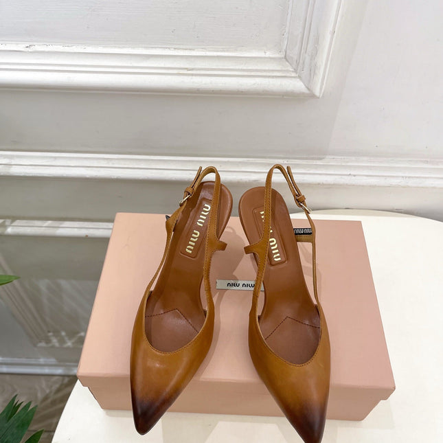 MIUMIU 26S SLINGBACK PUMPS 85MM IN BROWN COGNAC CALFSKIN